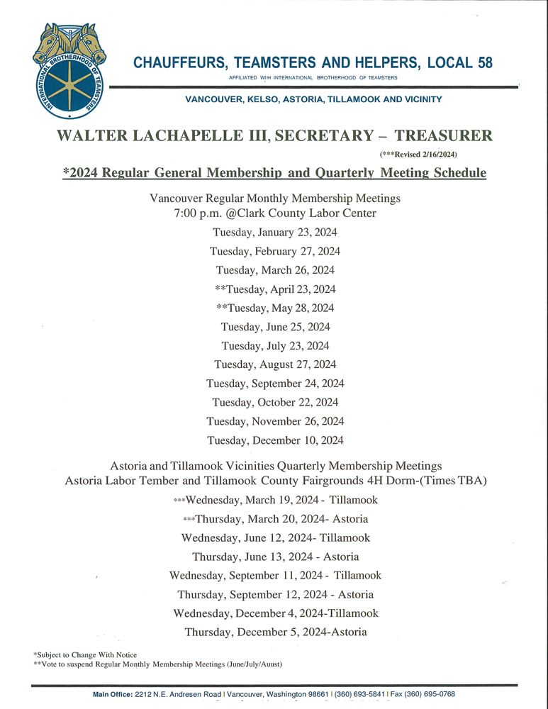 2024 Meeting Schedule TEAMSTERS 58